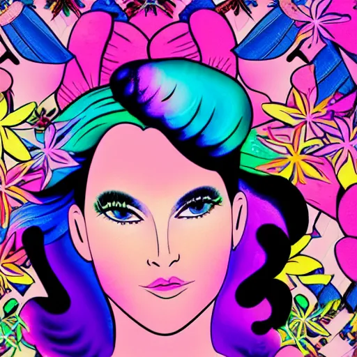 Prompt: Lisa Frank and Patrick Nagel collaboration