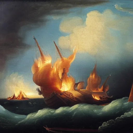 Image similar to oil painting of a ship on stormy waters, the ship is burning, 1 8 th century, antique painting