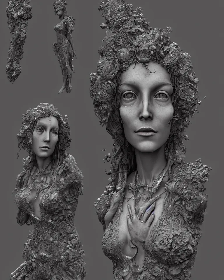 Prompt: a holographic portrait of a gorgeous etherial female gothic cemetery statue breaking apart by Andrew Ferez, metaphysical painting, cosmic horror, octane render, trending on cgsociety, featured on zbrush central, grotesque, digital painting, vanitas, new sculpture, mystical