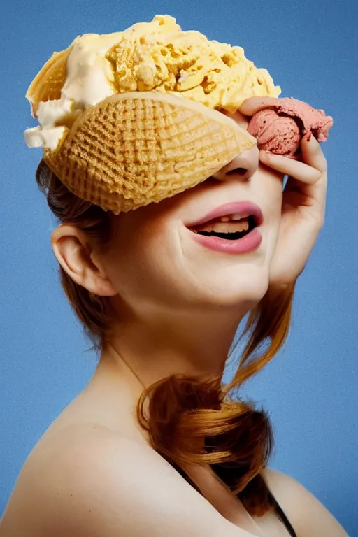 Image similar to 📷 emma stone the ice - cream cone 🍦, made of food, head portrait, dynamic lighting, 4 k