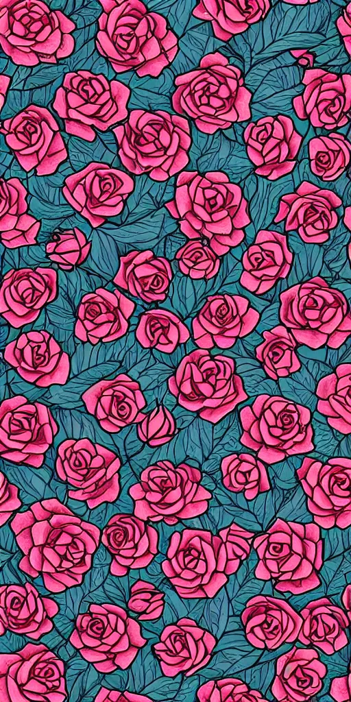 Image similar to seamless pattern of beautiful roses with leaves and throns, tattoo style, symmetrical, repeating 35mm photography