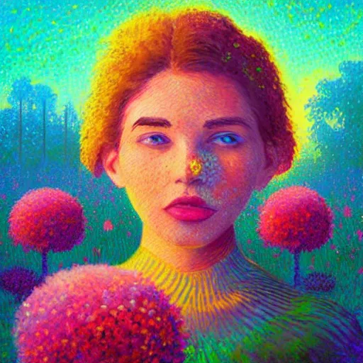 Image similar to girl with large flower as a face, flower field, big trees, sunrise dramatic light, impressionist painting, colorful clouds, digital painting, pointillism, artstation, simon stalenhag