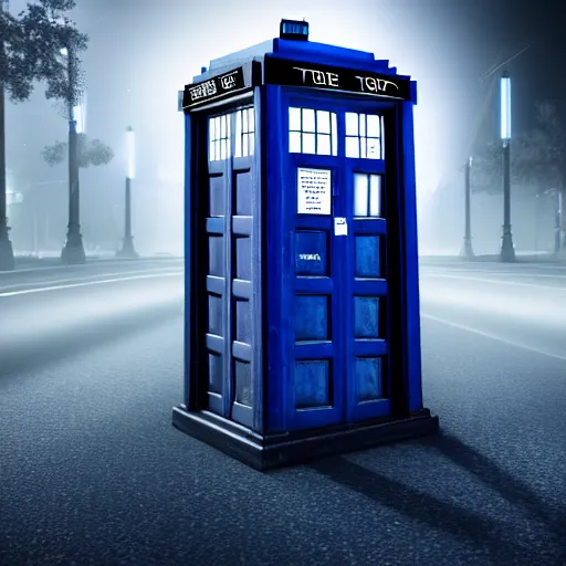 Image similar to a hyperdetailed photograph of the tardis sat on a futuristic street corner, night, dense fog, rain, hd, 8 k resolution