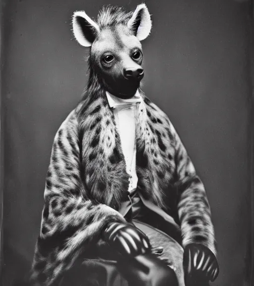 Image similar to professional studio photo portrait of anthro anthropomorphic spotted hyena head animal person fursona smug smiling wearing elaborate pompous royal king robes clothes wallet frame by Louis Daguerre daguerreotype tintype