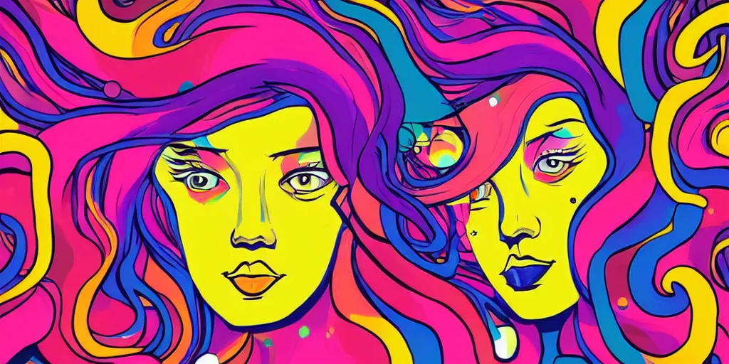 Prompt: a digital painting of a woman with colorful hair, a pop art painting by tomokazu matsuyama, behance contest winner, psychedelic art, psychedelic, 2 d, digital illustration