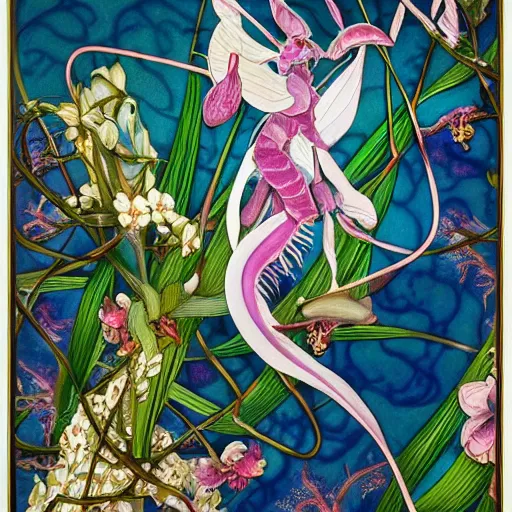 Prompt: majestic colorful orchid mantis enamel by leon bakst and yoshitaka amano, cloisonne, beautiful hyperdetailed art nouveau orchids, james jean, amanda sage