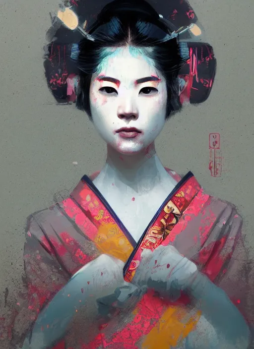 Image similar to female geisha girl, beautiful face, neon, rule of thirds, intricate outfit, spotlight, by greg rutkowski, by jeremy mann, digital painting