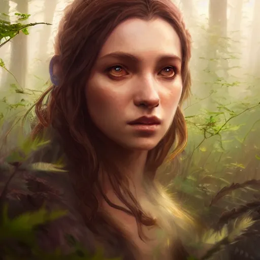 Image similar to a pretty female druid surrounded by forest animals, hyper realistic, digital painting, photorealistic, in the style of greg rutkowski, detailed face