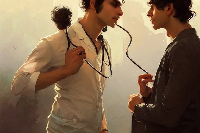 Image similar to Anxious good looking pale young Indian doctors smoking, portrait, elegant, intricate, digital painting, artstation, concept art, smooth, sharp focus, illustration, art by artgerm and greg rutkowski and alphonse mucha