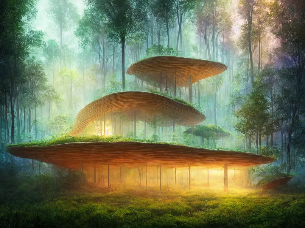 Prompt: beautiful organic house made of imaginary plants in a forest, architectural render, futuresynth, chillwave, by Gabriel Dawe, by Skottie Young, by Jessica Rossier, vegetal architecture, by moebius, night, (mist), lights, junglepunk, trending on artstation