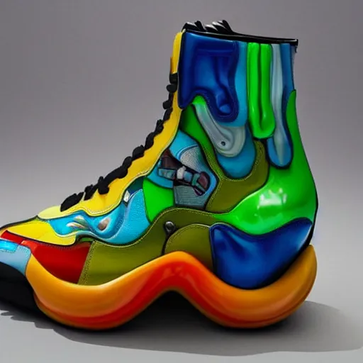 Image similar to balenciaga sneakers, biomorphic, robot, colorful, highly detailed, hyper realistic,