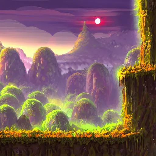 Image similar to way to the beautiful city in a ring of mountains, side-scrolling 2d platformer game level, swirling clouds, fantasy magical vegetation, dramatic dusk sun illuminates areas, volumetric light , detailed, rich color, upscale, fantasy, 8k