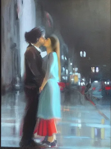 Image similar to a guy and a girl kissing, artwork by salman toor, cinematic light, atmospheric effects, oil on canvas