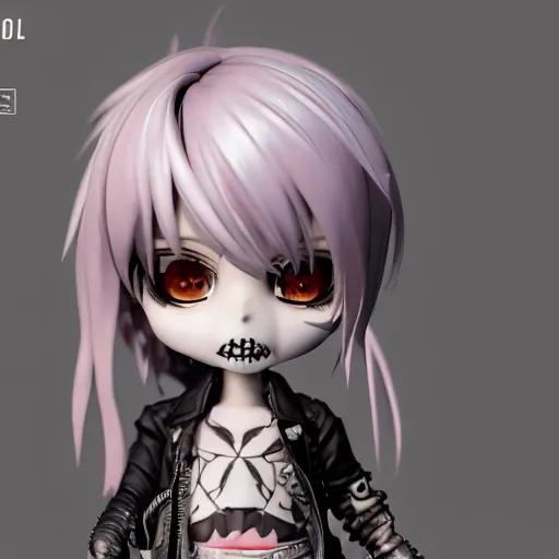 Prompt: portrait of a grungy skull anime and chibi very cute doll by super ss, cyberpunk fashion, nendoroid, kawaii, cyberpunk fashion, character modeling, maximalist sculpted design, toy design, substance 3 d painter, vray, soft vinyl, trending in artstation