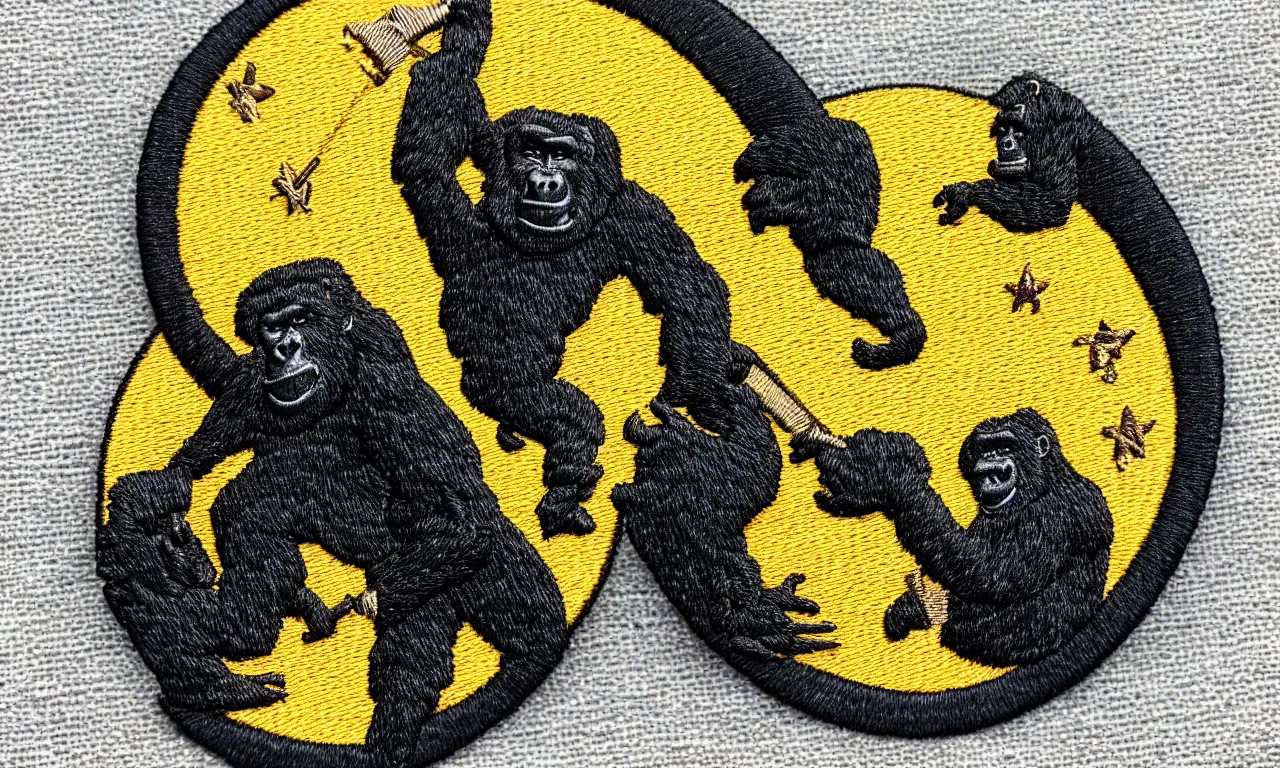 Prompt: a gorilla climbing a radio tower, wrestling with lighting bolts, round embroidered us corps patch 8 k /
