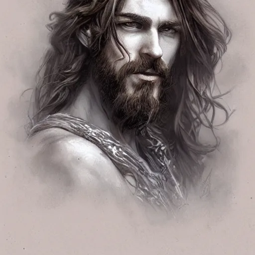 Image similar to portrait of a young rugged pirate, male, masculine, upper body, red hair, long hair, soft hair, D&D, fantasy, intricate, elegant, highly detailed, digital painting, artstation, concept art, matte, sharp focus, illustration, art by Artgerm and Greg Rutkowski and Alphonse Mucha