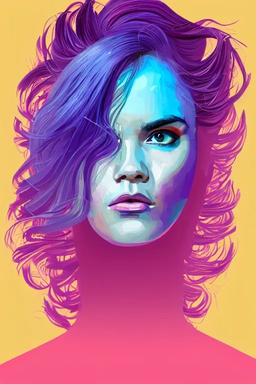 Image similar to a award winning half body portrait of a beautiful woman in a winter sweater with ombre purple pink blue hairstyle with head in motion and hair flying by sandra chevrier, outrun, vaporware, illustration, digital art, trending on artstation, highly detailed, fine detail, intricate