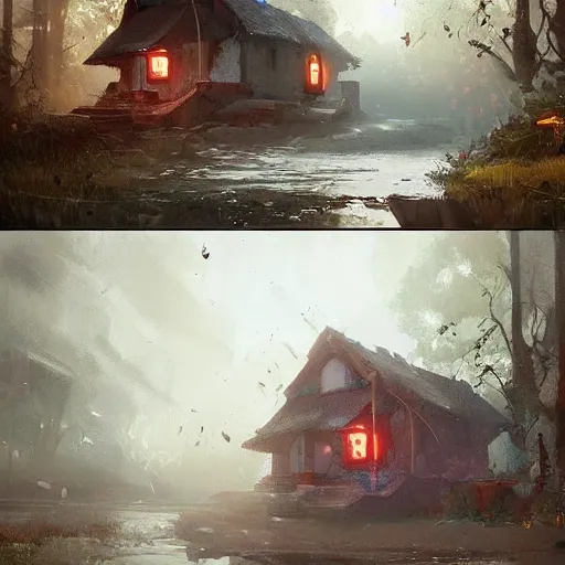 Prompt: 🍄🏘️🏞️🍄 , digital Art, Greg rutkowski, Trending cinematographic artstation