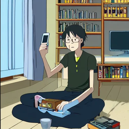 Prompt: a skinny computer nerd guy sitting on the floor of his room, crossed legs, laptop, smartphone, video games, tv, books, potions, jars, shelves, knick knacks, tranquil, star charts, calm, sparkles in the air, magic aesthetic, fantasy aesthetic, faded effect, by Studio Ghibli, howls moving house inspired, detailed, intricate,