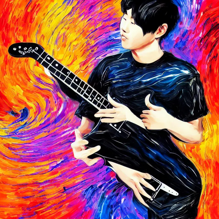 Image similar to abstract swirly brush strokes painting of a young korean man wearing black t shirt holding a telecaster!!! electric guitar!!, dark swirly background, huge dramatic brush strokes, matte colors, abstract, masterpiece, impressionist, trending on artstation