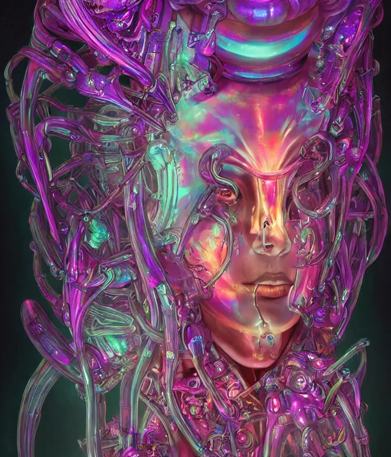 Image similar to fully symmetrical centered iridescent portrait of a beautiful princess demon in robe. skulls artificial muscles, ribcage, bones, hard surface modelling. cyberpunk look. biomechanical mask. bio luminescent biomechanical halo around head. neon jellyfish. artwork by jarold Sng by artgerm, by Eddie Mendoza, by Peter mohrbacher by tooth wu, unreal engine, octane render, cinematic light, high details, iridescent colors, dichroic, macro, depth of field, blur