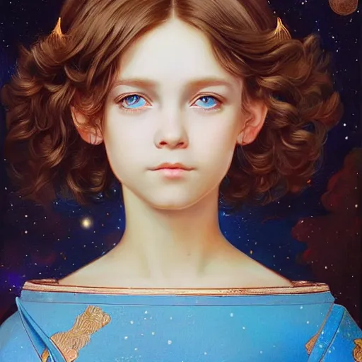 Image similar to a little girl with short wavy curly light brown hair and blue eyes, a space empress in byzantine style. beautiful highly detailed face, painting by ilya kuvshinov