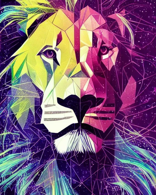 Prompt: shattering glass vaporwave smoke ink Lion portrait, retro noir, acrylic geometric art by victo ngai and WLOP