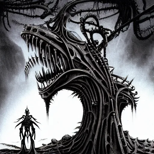 Image similar to vecna, alien landscape behind him, in the style of h. r. giger, ominous, gloomy