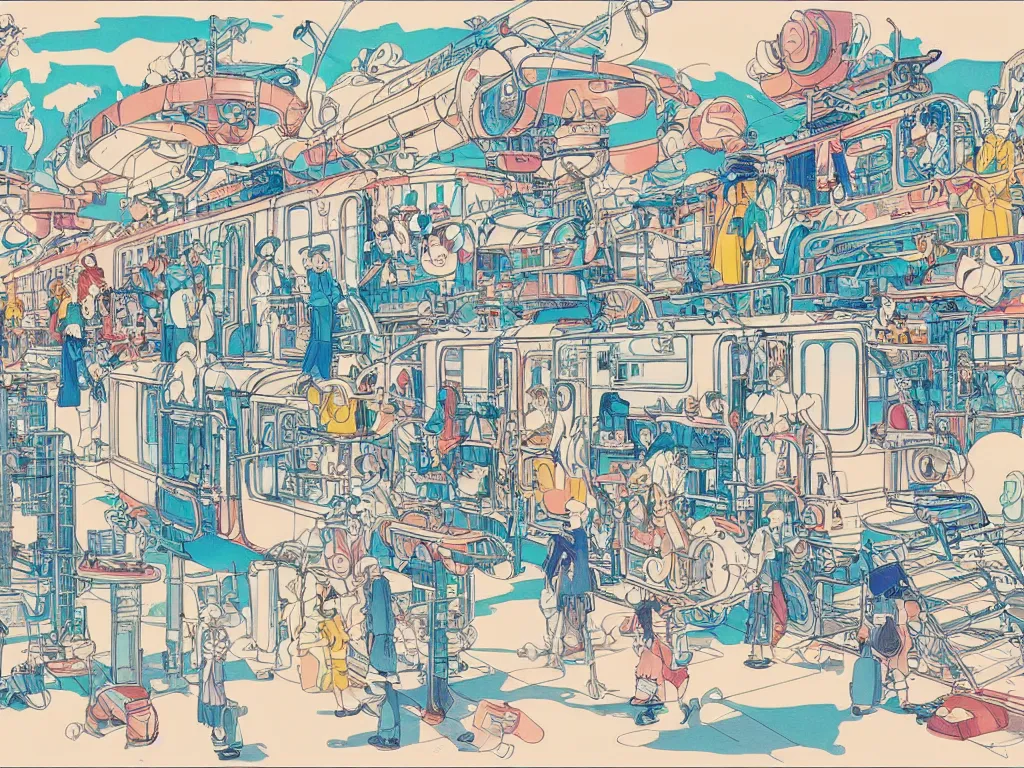 Prompt: colorful blueprint sideview of a anime train, illustration, concept art, autumn light, colorful, beautiful, studio ghibli, hayao miyazaki, takashi murakami, manga, cute and adorable