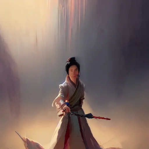 Image similar to god emperess mulan in the style of craig mullins, greg rutkowski, peter mohrbacher, and drew struzan. epic, majestic, awe inspiring, god rays, fissures, divine, church painting, intricate armor, extreme detail, high octane,