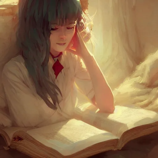 Prompt: awoke to cotton, sweet smell of books, by wlop, artgerm, greg rutkowski