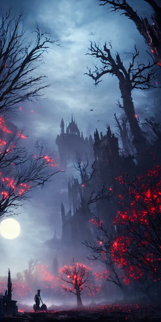 Image similar to populated bloodborne old valley with a obscure person at the centre and a ruined gothic city in the background, trees and stars in the background, falling red petals, epic red - orange moonlight, perfect lightning, wallpaper illustration by niko delort and kentaro miura, 4 k, ultra realistic