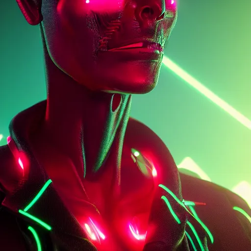 Image similar to synthwave alien face with neon tattos, detailed face, sharp focus, synthwave art, aesthetic, octane render, raw, cinematic