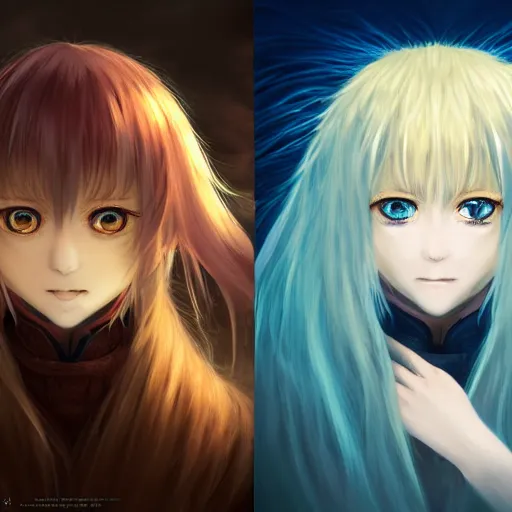 Image similar to rimuru tempest from tensura playing chess, with amber eyes of golden colored eyes, straight hair, sky blue hair, long bangs, high collar, concept art, award winning photography, turbulence, ripples, trails, wispy, scratchy, digital painting, cinematic, wlop, 8 k, by ross tran, tom bagshaw, andy warhol