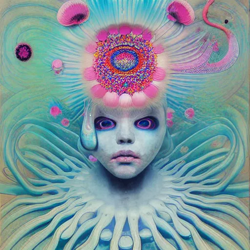 Prompt: the queen of pink by takashi murakami and zdzisław beksiński, oil on canvas, intricately detailed artwork, full 8k high quality resolution, recently just found unknown masterpiece