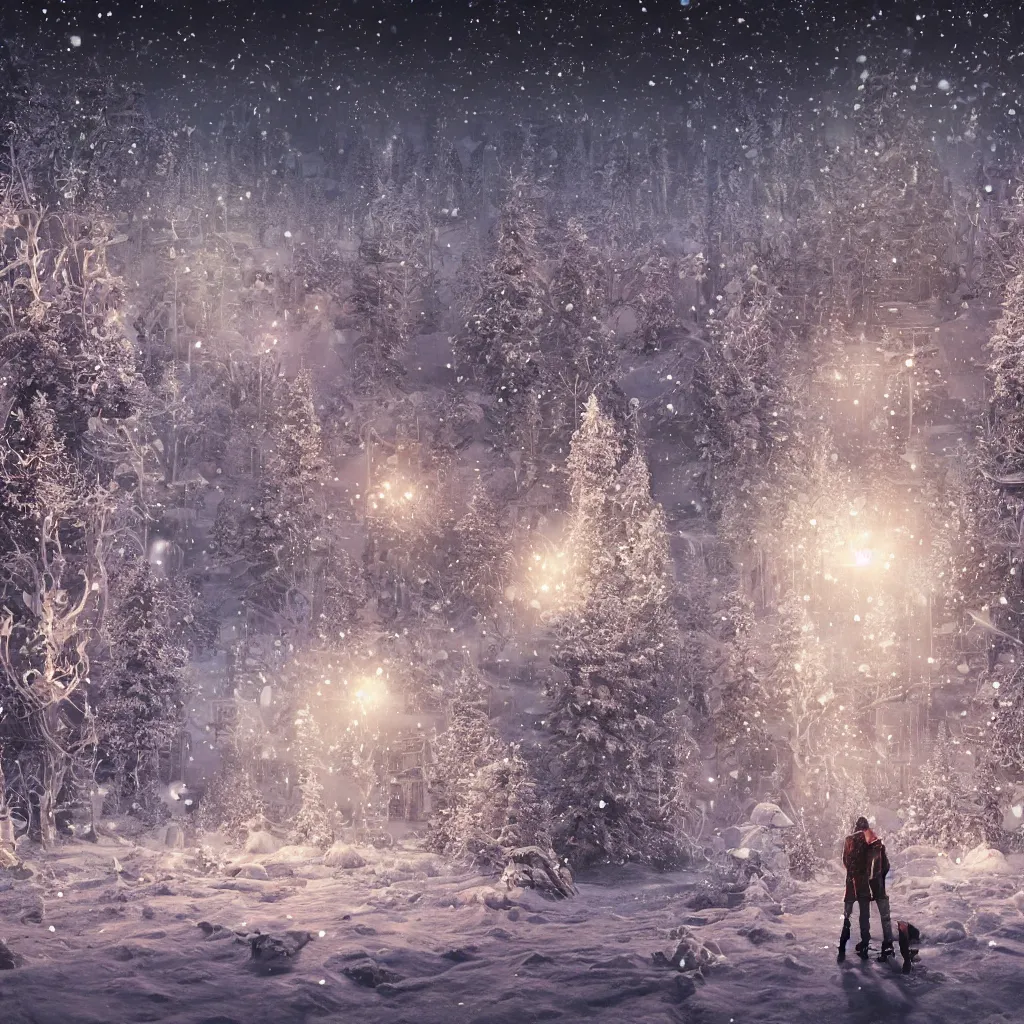 Image similar to hyperrealistic psychedelic winter wonderland, fractal snowflake, crystalline landscape, snowy cityscape, snowglobe, highly detailed, 8 k high quality octane render, ornamental, glowing lights, sharp focus, greg rutkowski, cinematic