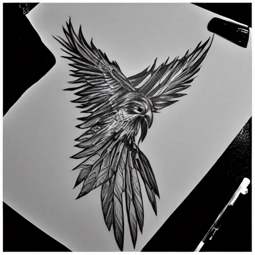 Image similar to tattoo design stencil. pencil sketch, black and white, hawk