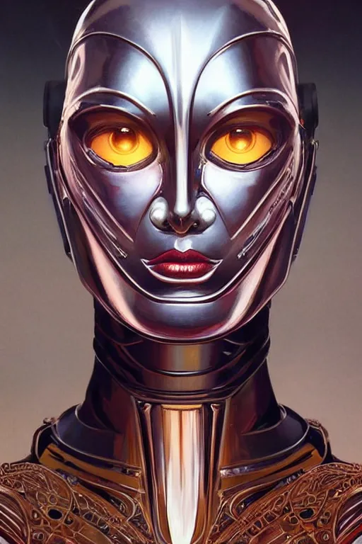 Prompt: retro-futuristic facial portrait of a beautiful female android in vintage used look chrome armour, rim light, ornate pattern, glowing eyes, evil expression, high details, intricate details, painting by vincent di fate, artgerm julie bell beeple, 80s, Smooth gradients, High contrast, depth of field, very coherent symmetrical artwork