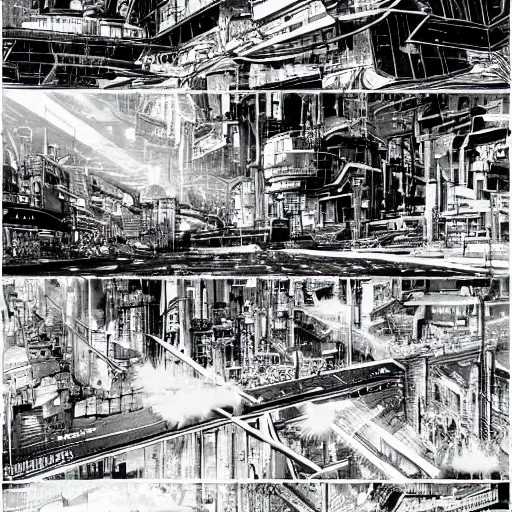 Image similar to architectural section, photorealistic, cyber futuristic and brutalist architecture dieselpunk mechanical city, neon, explosive shock wave, incredible, tsutomu nihei