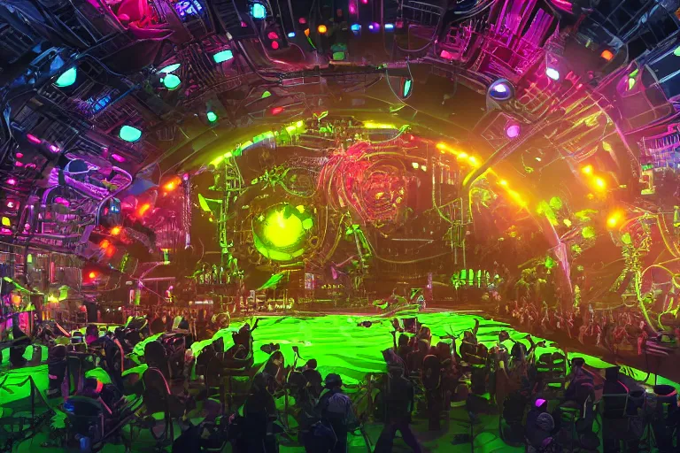 Image similar to an outdoor festival stage with audience, center of the stage is a big futuristic dieselpunk machine with gears and belts and tubes, rock musicians on the stage, laser show, 8 k, fluorescent colors, halluzinogenic, multicolored, exaggerated detailed, unreal engine