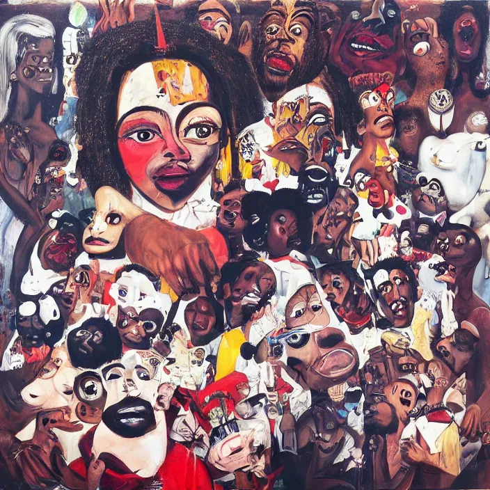 Prompt: trap music dreams by george condo, hip - hop, rnb, rap, perfect composition, cover art