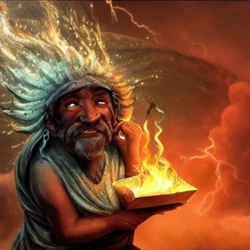 Image similar to n'lil, he is an old god who rules storms, earthquakes and fire.