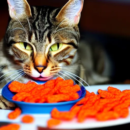 Prompt: A high quality photo of a tabby cat eating a bag of Flamin' Hot Cheetos
