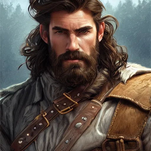 Image similar to portrait of a young, ruggedly handsome ranger, muscular, half body, leather, hairy, d & d, fantasy, intricate, elegant, highly detailed, digital painting, artstation, concept art, smooth, sharp focus, illustration, art by artgerm and greg rutkowski and alphonse mucha