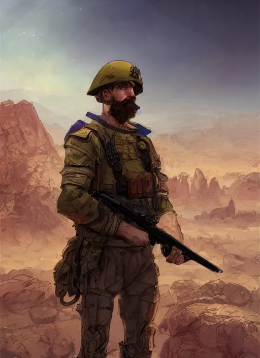 Image similar to purple lighting, detailed character concept illustration, white male strong muscular mature soldier with beard and short hair in a soldier uniform, desert with city in the background, sharp focus, illustration, highly detailed, digital painting, concept art, matte, art by wlop and artgerm and greg rutkowski, masterpiece