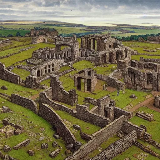 Image similar to a sprawling pictish settlement built around roman ruins in the english countryside, dark ages, 8 th century, by james gurney