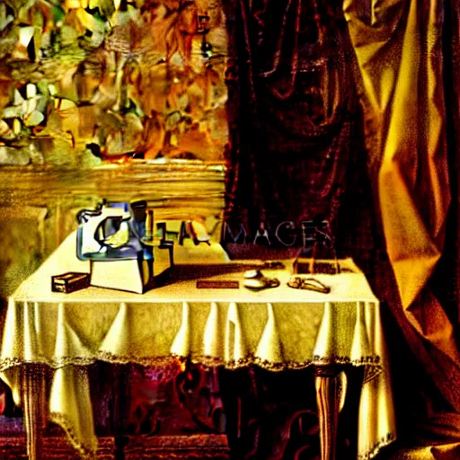 Prompt: Portrait of a mummy sitting at a Louis XIV desk, with very old curtains in the room. The desk has a very old phone on it. Dusty air