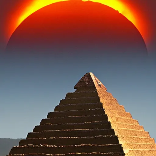 Image similar to Aztec pyramid, during an eclipse, with fires raging around