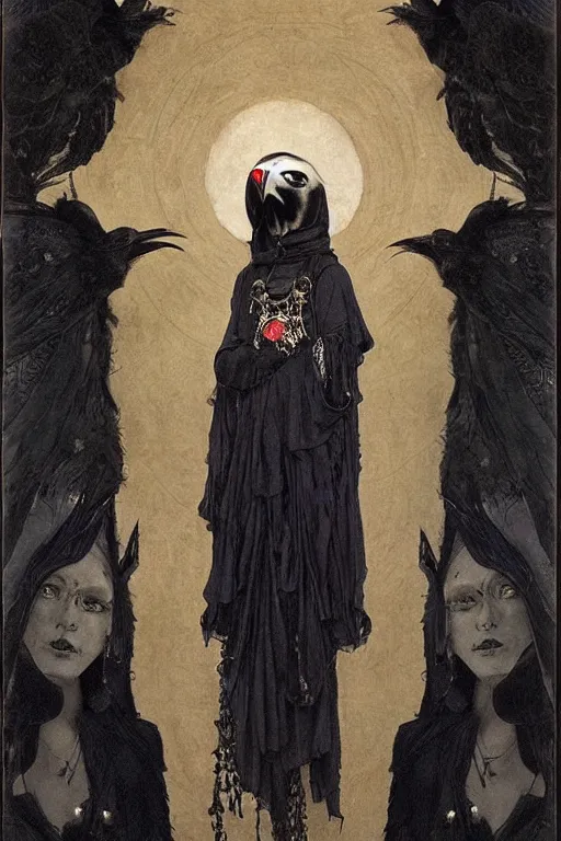 Image similar to a raven dressed as a goth shaman, by Annie Swynnerton and Nicholas Roerich and John Bauer and jean delville and John William Godward and Donato Giancola and Vermeer, black leather and embroidered velvet, iridescent beetles, rich color, dramatic cinematic lighting, featured on Artstation, extremely detailed