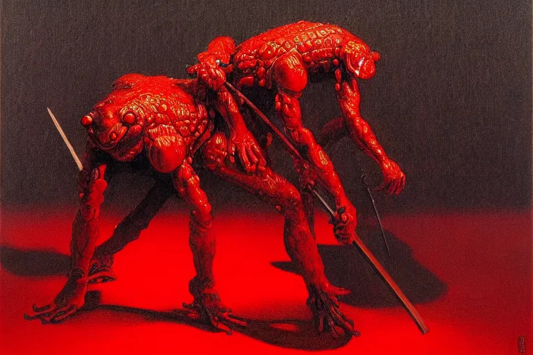 Image similar to only with red, a red samurai do seppuku, tokio, a lot of frogs watch, in the style of beksinski, parts by edward hopper, parts by rodcenko, parts by yue minjun, intricate and epic composition, red by caravaggio, insanely quality, highly detailed, masterpiece, red light, artstation, 4 k